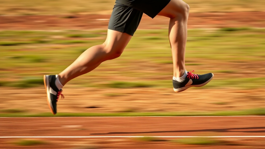 러너가 지면을 박차고 나가는 순간의 다리 각도와 지면 접촉 지점을 보여주는 측면 모습