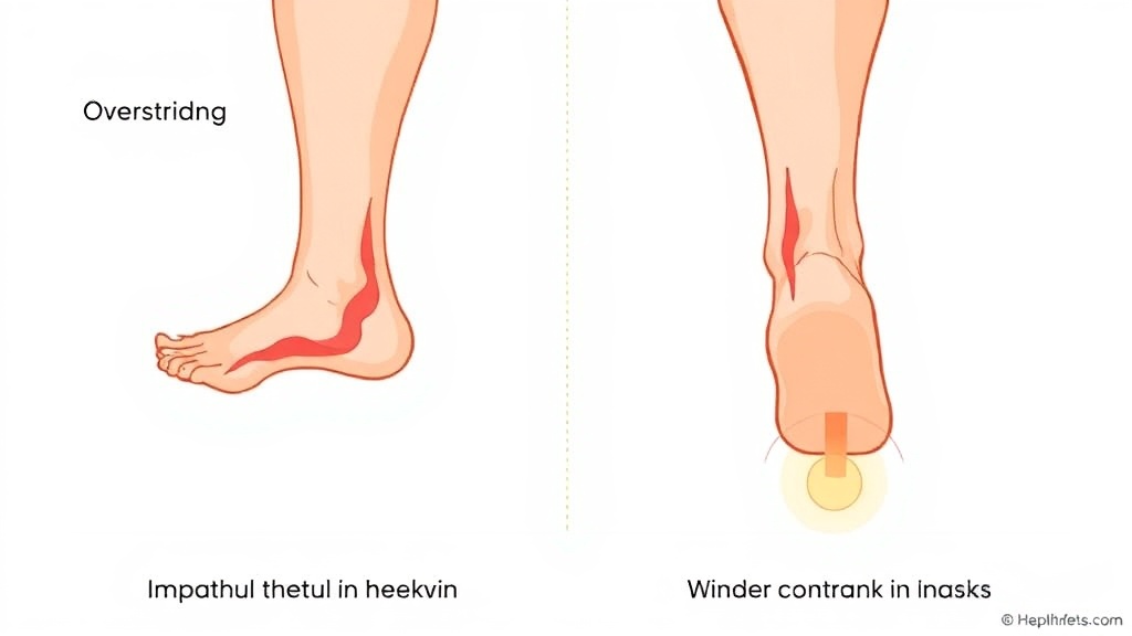 무게 중심보다 앞서 착지하는 잘못된 보폭과 올바른 착지 지점을 비교한 도표